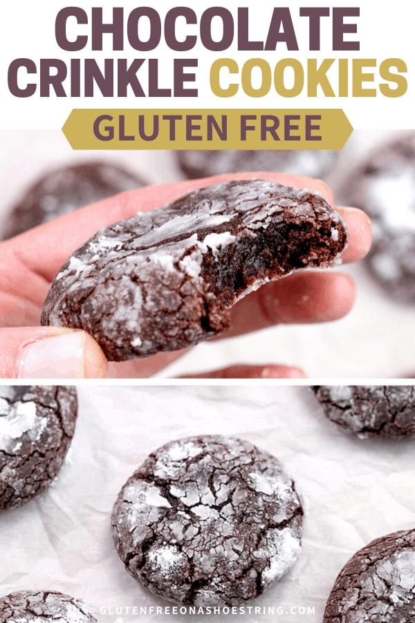 Hand holding a chocolate crinkle cookie with a bite taken and baked whole cookies on white paper