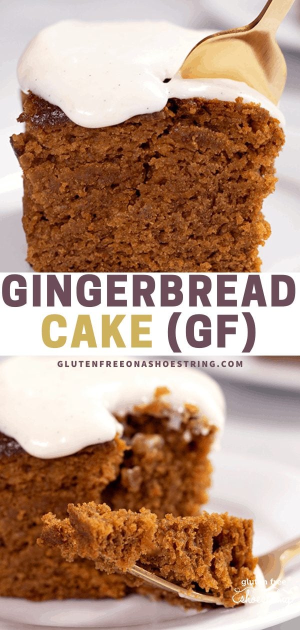 Slice of gingerbread cake with a fork and a closeup image of a forkful of cake