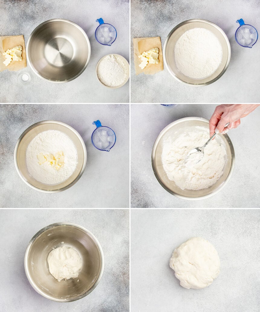 metal mixing bowl with flour and salt, with diced yellow butter mixed in, then in a small round of light tan dough in the bowl then on a gray surface