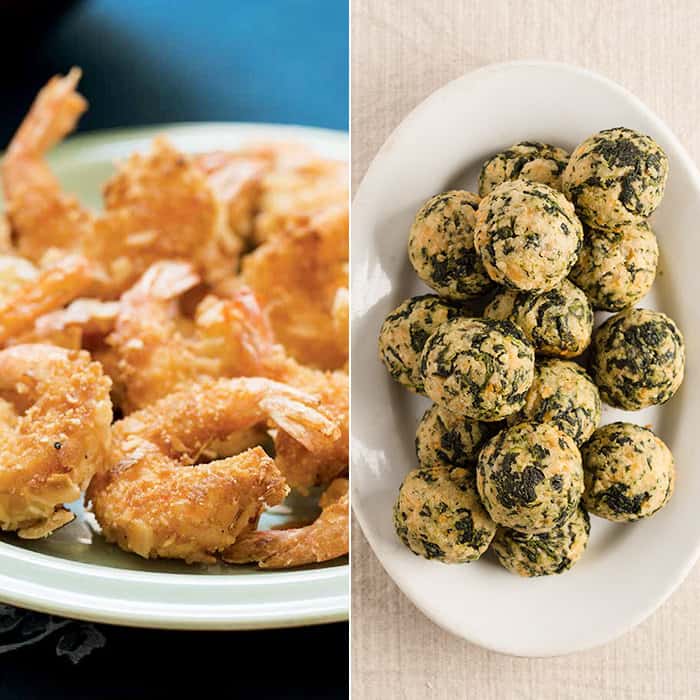 Gluten free coconut shrimp and spinach balls—made with homemade gluten free bread crumbs. From Gluten Free Small Bites, the cookbook!