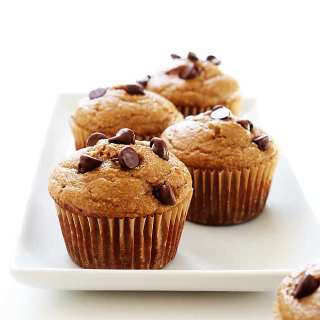 Image of banana oatmeal muffins baked and displayed on a platter.