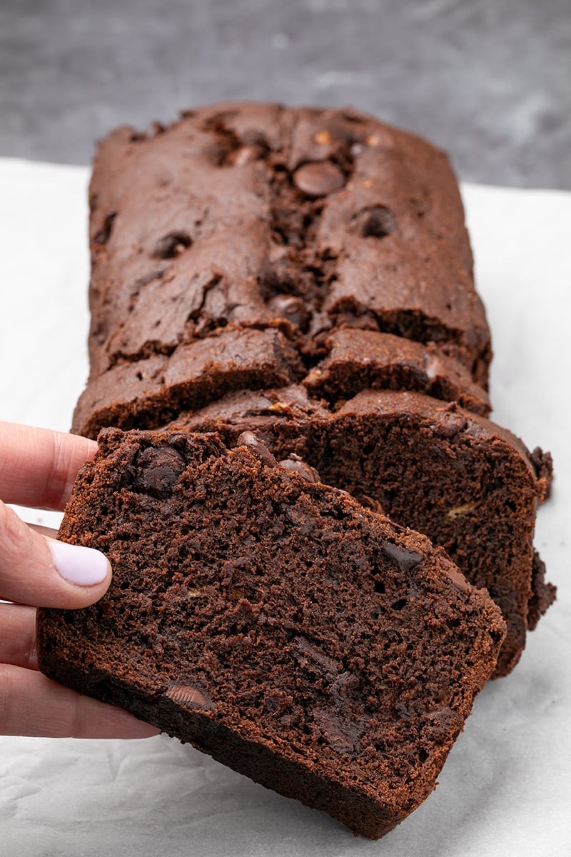 Fingers picking up slice of brown quick bread with chocolate chips from rest of loaf on white paper