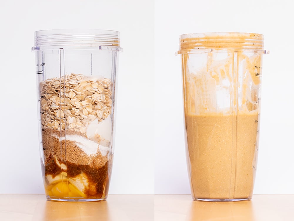 banana oatmeal muffins ingredients in blender before and after blending