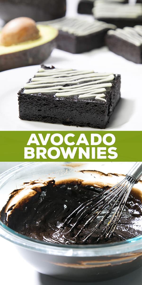 One avocado brownie with white zigzag patter on top on a white surface and avocado brownie batter in bowl with whisk 
