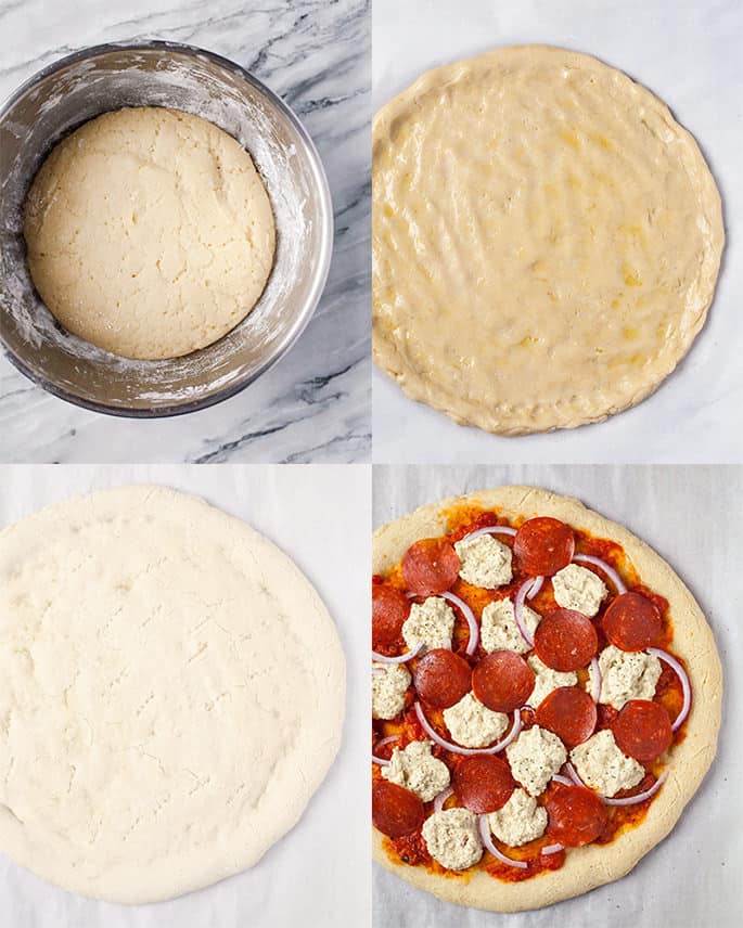 Dough for Paleo pizza unshaped, shaped, baked and topped