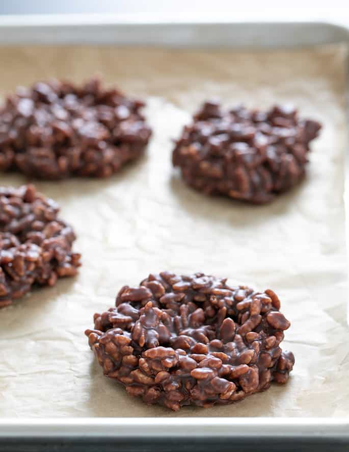 No bake cookies made with crisp rice cereal instead of oatmeal. 