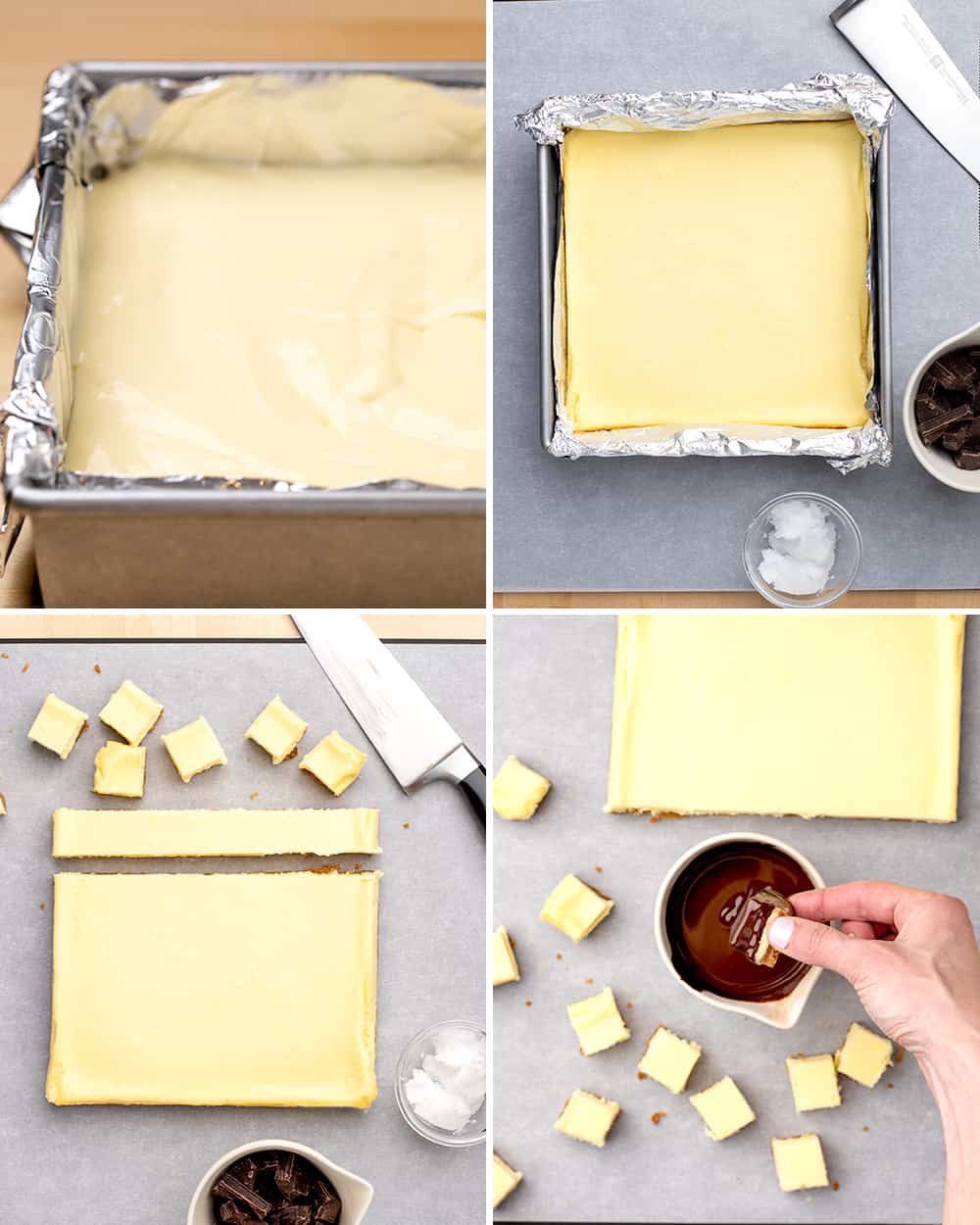 raw light yellow cake batter in square metal cake pan, baked yellow cake, white solid oil in small glass bowl, chocolate in small ceramic, cake cut into small squares and fingers dipping one square in melted chocolate