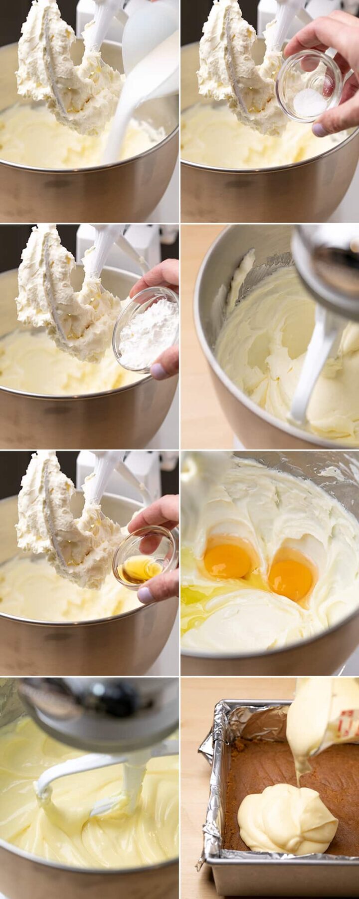 Whipped white cream cheese on stand mixer paddle, white sugar being poured in, white starch, vanilla, 2 eggs, light yellow beaten batter in bowl, then being poured on top of brown layer in pan