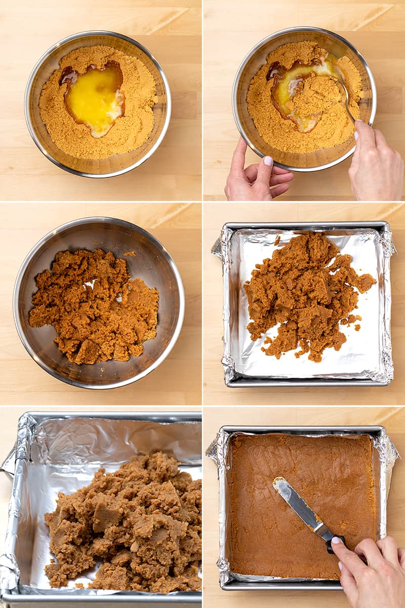 large round metal mixing bowl with light brown crumbs, yellow liquid in center, hand with mixing spoon mixing them together, large wet crumbles mixed in the bowl then in a foil-lined square baking pan, then spread into a single layer with a hand holding a small metal offset spatula