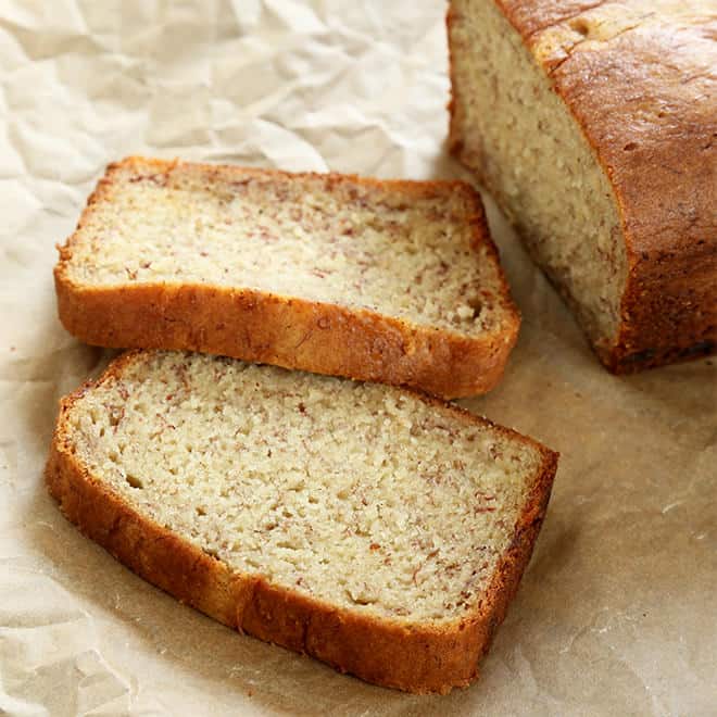 two slices of gluten free banana bread on brown paper