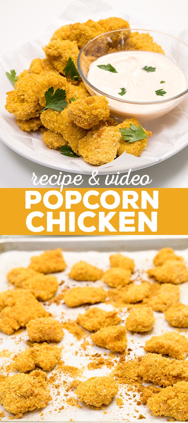 Popcorn chicken. Bite-sized pieces of breaded white meat chicken made extra tender with a secret, simple step, and baked to crispy perfection.