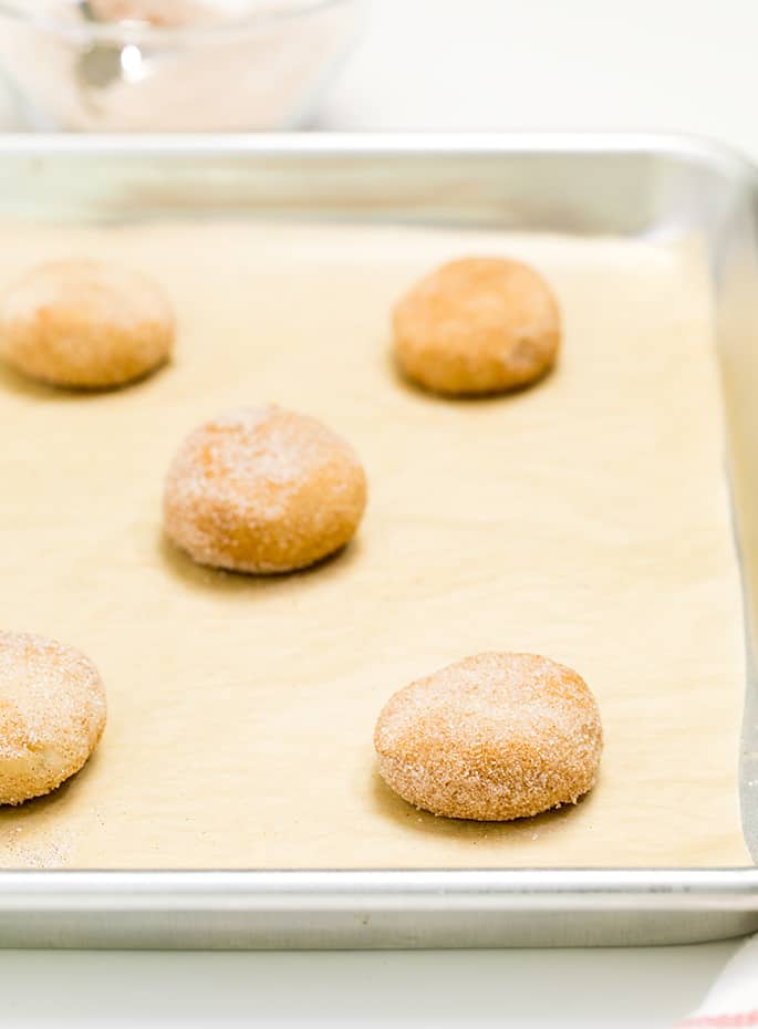 raw disks of gluten free snickerdoodles cookie dough on brown paper on baking sheet