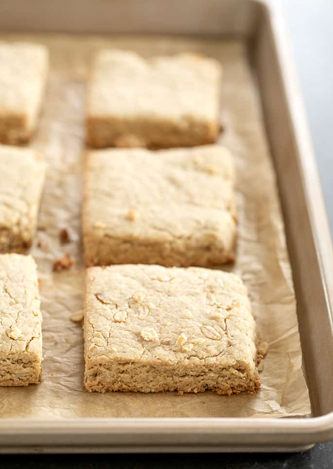 Oatmeal bars baked on tray