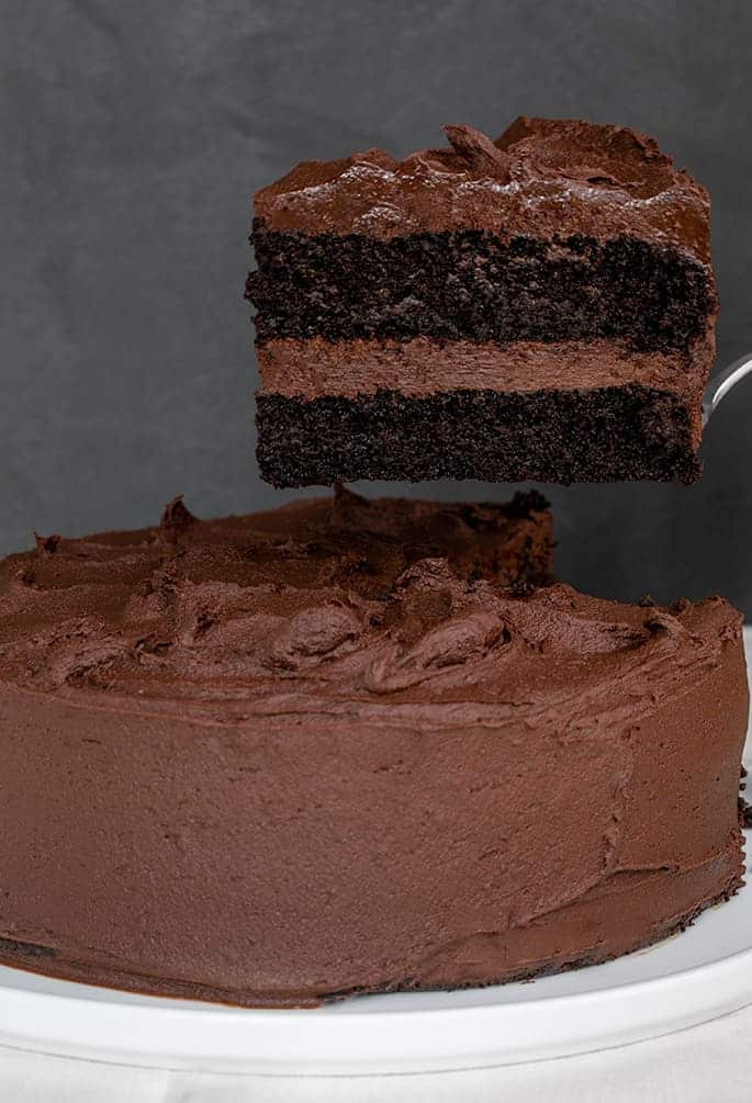 Slice of chocolate layer cake with chocolate frosting being held above rest of cake