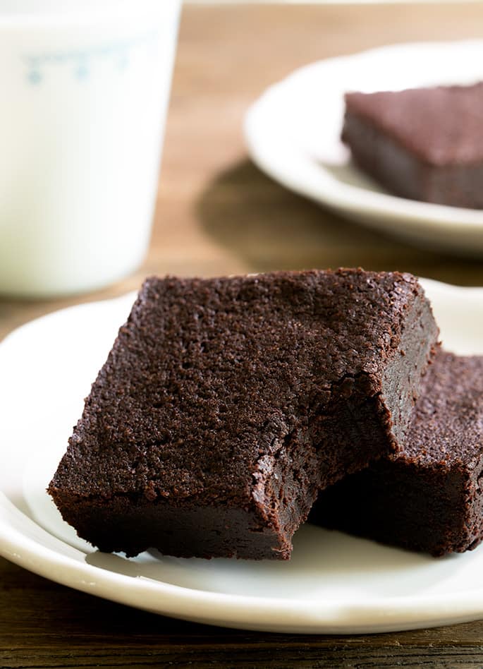 The richest fudgy gluten free brownies recipe made simply with a very basic rice flour blend, cocoa powder and melted dark chocolate. A chocolate lover's dream!