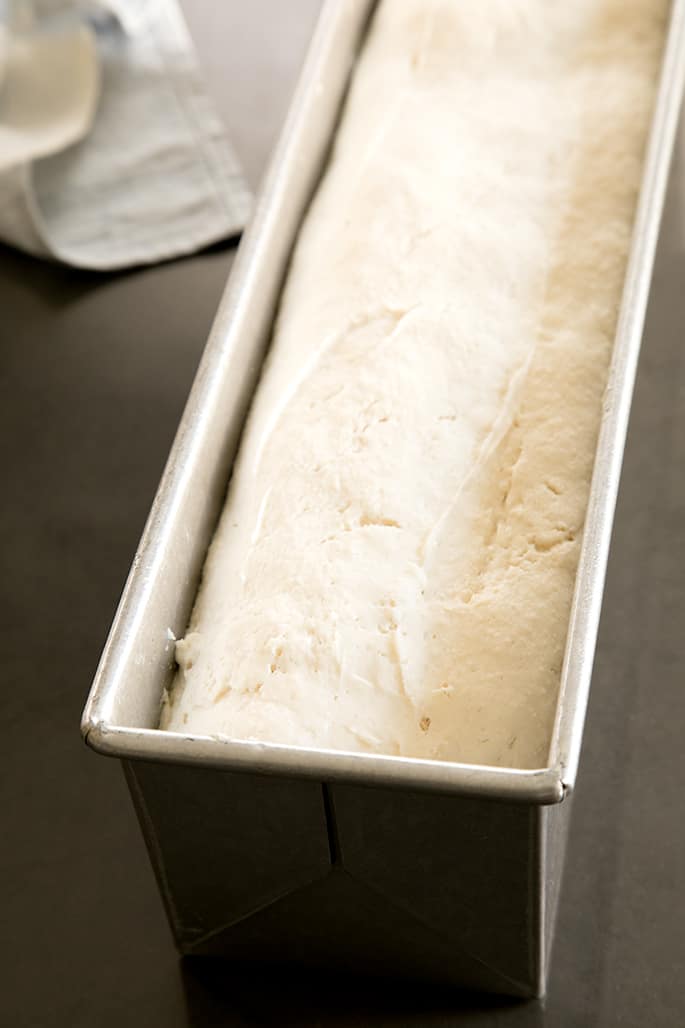 raw soft gluten free bread recipe dough in a 2 pound metal pullman pan