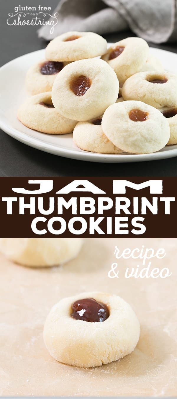 These easy jam thumbprint cookies are simple butter cookies made with flour, sugar, butter and egg yolks—and a dollop of jam on top. The best cookies are often the simplest ones! #glutenfreecookies #glutenfreerecipes #glutenfreeChristmas