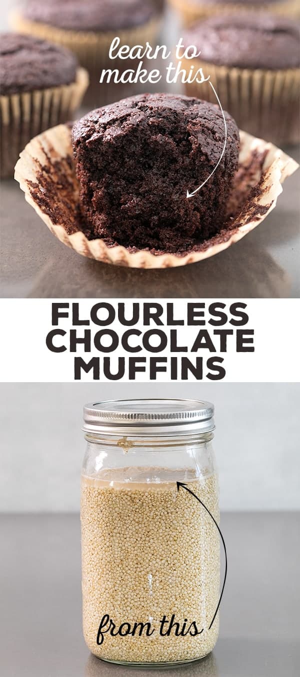 These special flourless chocolate cupcakes are naturally gluten free and dairy free, and rich and incredibly moist. They're made with soaked quinoa instead of any sort of flour, but you'd never know it! #glutenfree #glutenfreerecipes #flourlesscake #chocolatecake