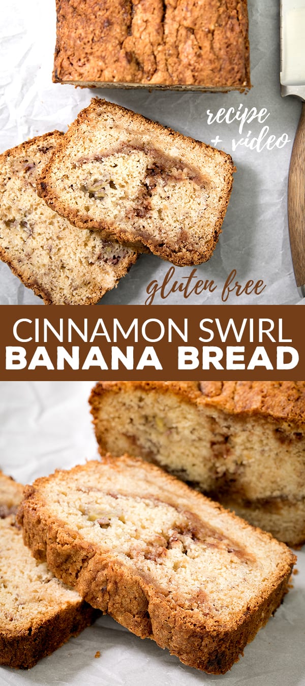 This cinnamon swirl gluten free banana bread is naturally dairy free—and it's incredibly moist and tender. The cinnamon-sugar just seals the deal. It's going to become your new favorite way to save those dying bananas! #glutenfree #dairyfree #bananabread