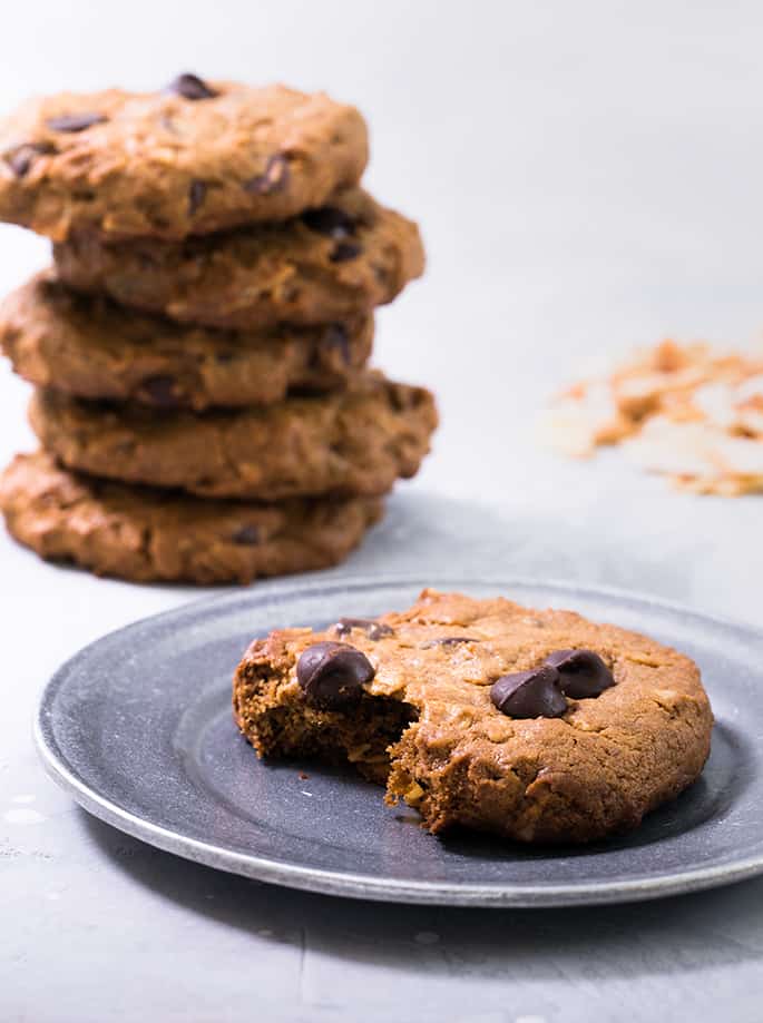 These flourless coconut peanut butter cookies are low in sugar, packed with protein and take just minutes to throw together. They're naturally grain-free and dairy-free, too!