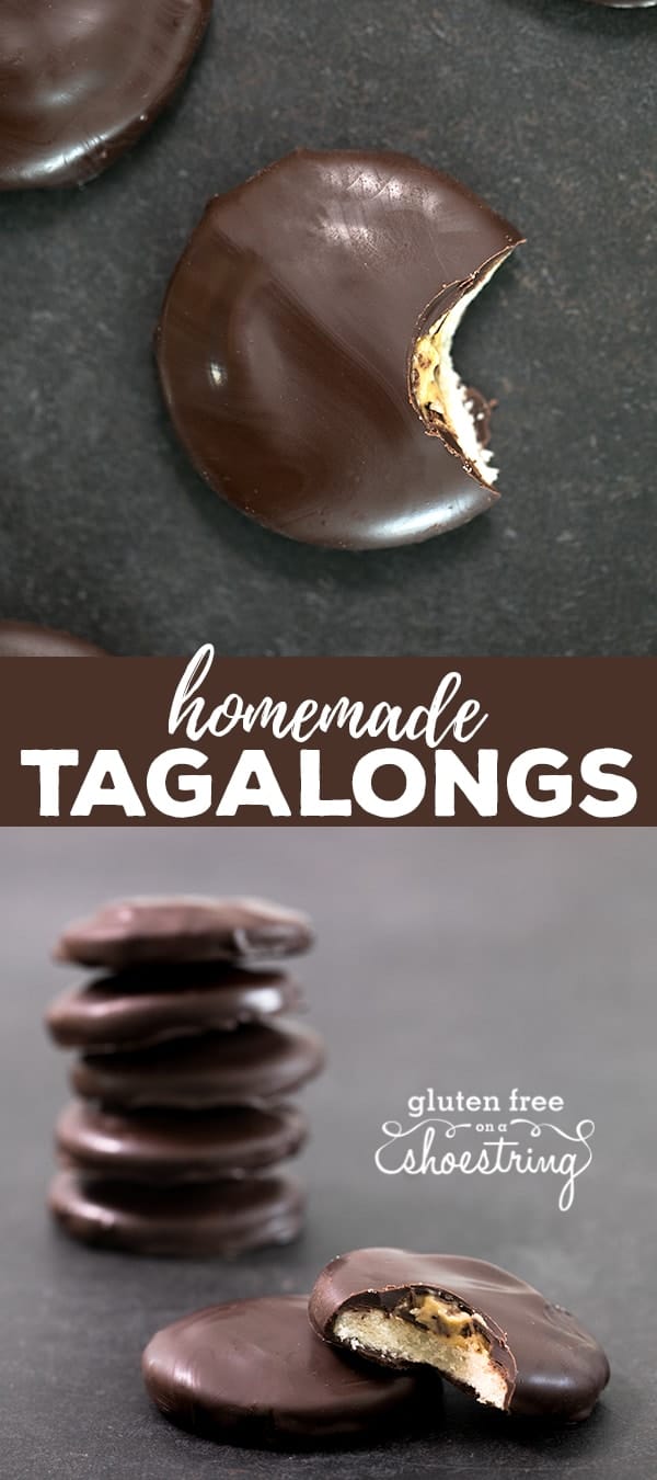 A stack of tagalong cookies and one with a bite