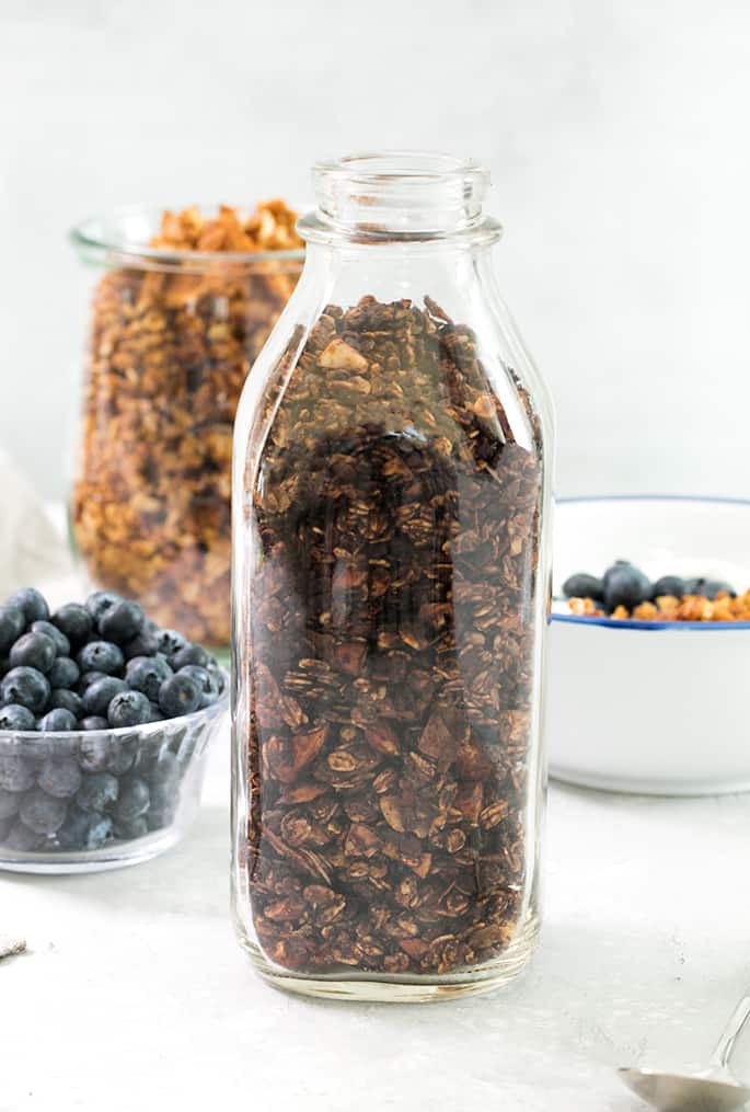 This crispy, crunchy protein granola is lower in fat and sugar, but still a satisfying breakfast or snack—in peanut butter or chocolate variety!