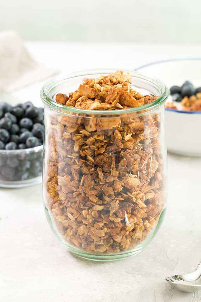 This crispy, crunchy protein granola is lower in fat and sugar, but still a satisfying breakfast or snack—in peanut butter or chocolate variety!