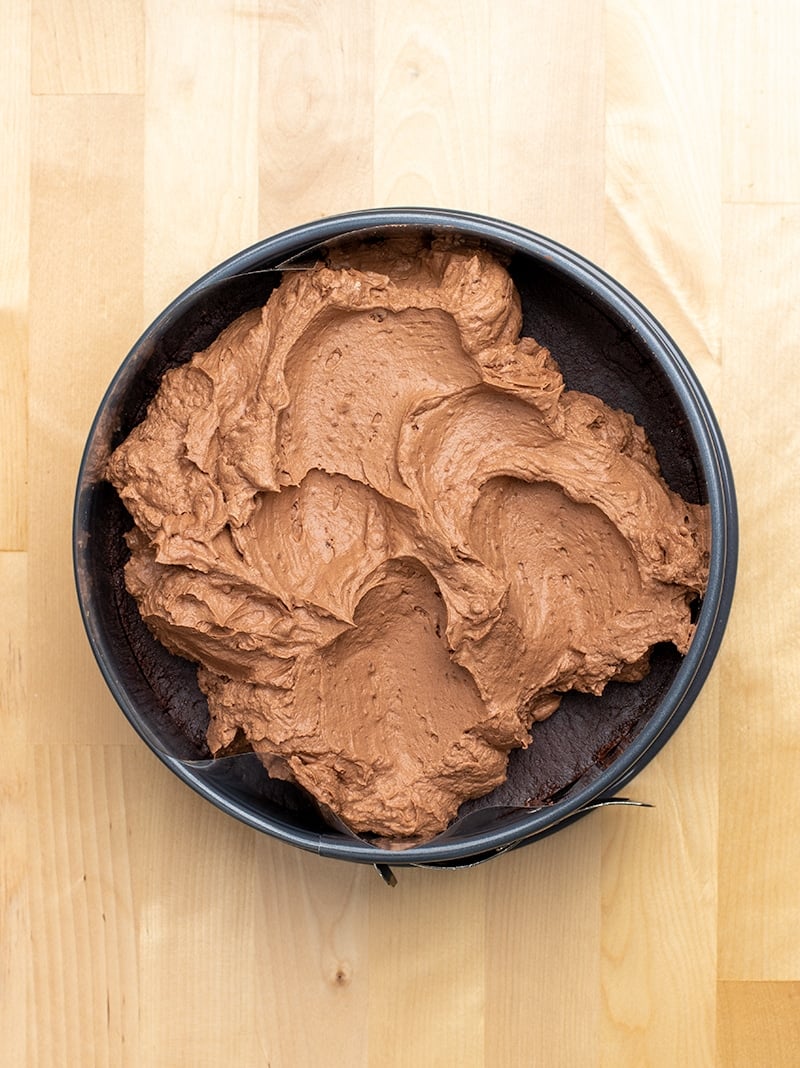 Overhead image of soft light brown creamy filling on top of dark color springform pan with dark chocolate bottom