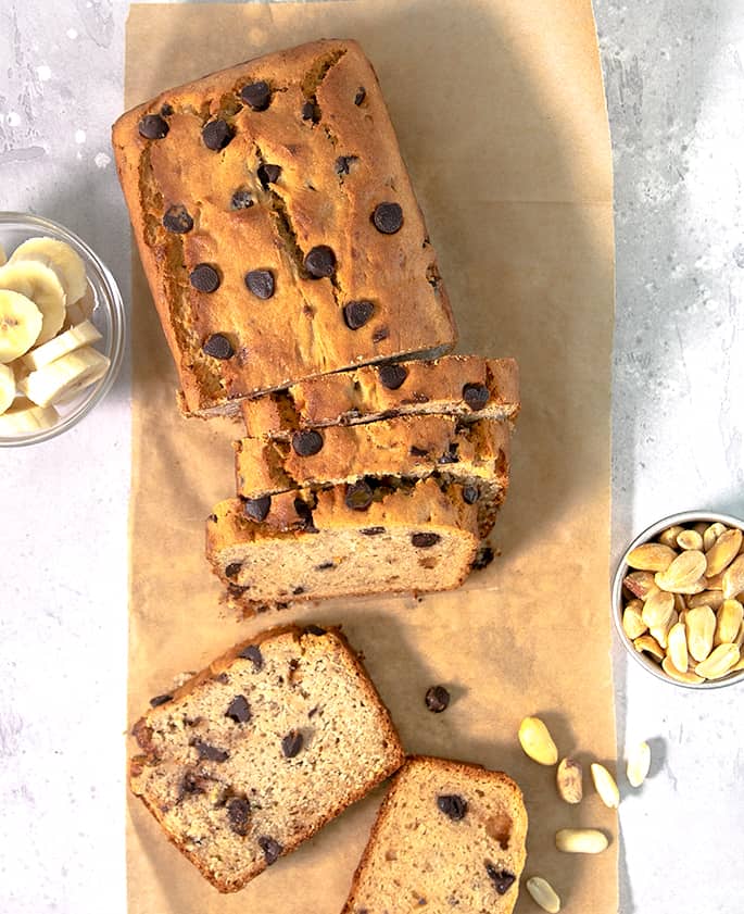 This easy recipe for peanut butter gluten free banana bread is moist, tender, and packed with banana and peanut butter flavor. Don't forget the chocolate chips!