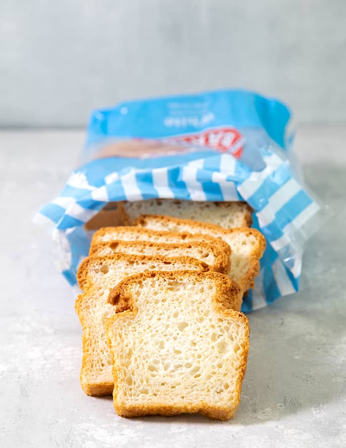 Small slices of baked bread coming out of light blue plastic bread bag on gray background