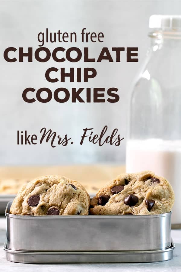 Remember the taste and texture of Mrs. Fields cookies? This easy gluten free chocolate chip cookie recipe in the Mrs. Fields style brings it all back. #glutenfreecookies #glutenfree #gf #copycat #mrsfields