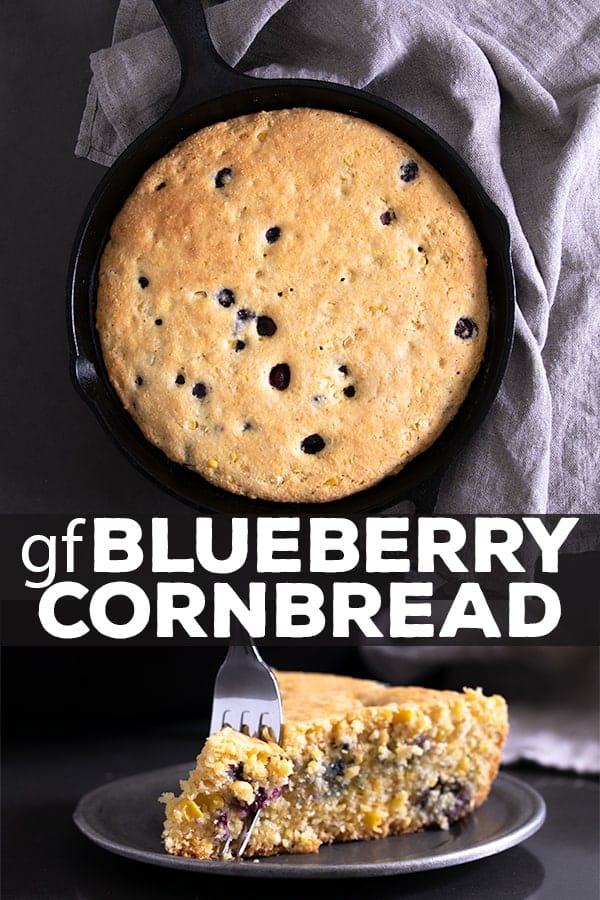 This recipe for gluten free blueberry cornbread is a lightly sweet, naturally dairy-free take on a classic cornbread recipe. It's perfect for potlucks and barbecues, or even for breakfast! #cornbread #glutenfree #gf #dairyfree #blueberry #baking