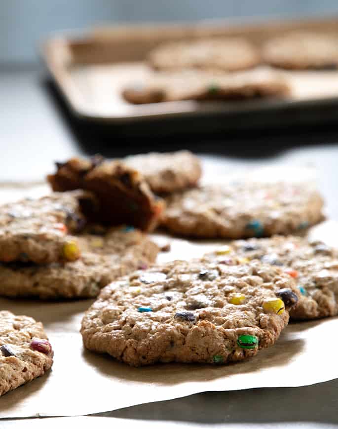 These easy, giant gluten free chocolate chip monster cookies are made with oats, peanut butter, and plenty of brown sugar, but without any rice flour. 