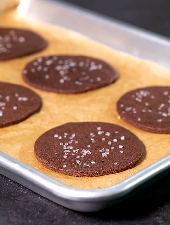 Baked soft chocolate wafer cookies on a tray