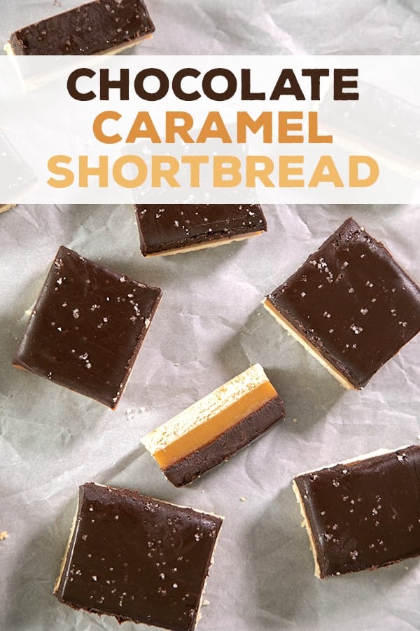 Take simple shortbread to a new level with a simple microwave caramel layer and a chocolate ganache top. These chocolate caramel squares are a showstopper! #glutenfree #gf #shortbread #millionaire #caramel