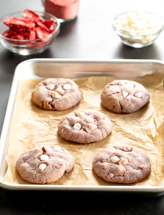 These natural strawberry gluten free chocolate chip cookies are made with white chocolate chips and freeze-dried strawberries—and no cake mix!