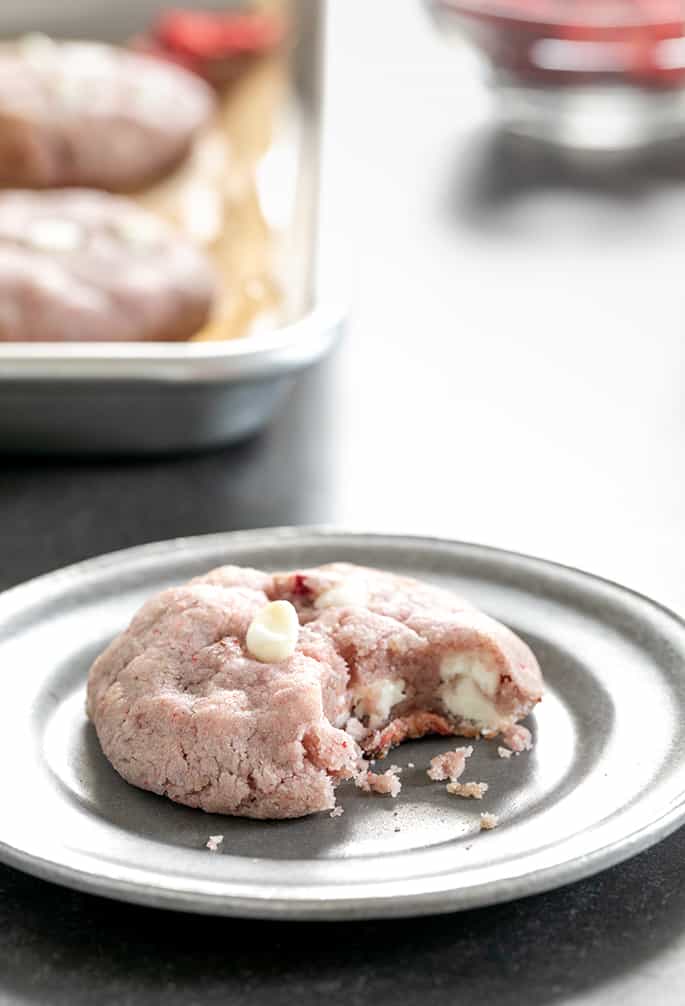 These natural strawberry gluten free chocolate chip cookies are made with white chocolate chips and freeze-dried strawberries—and no cake mix!