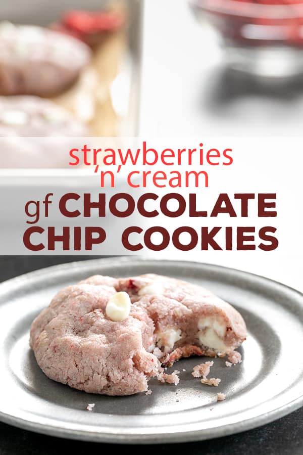 These natural strawberry gluten free chocolate chip cookies are made with white chocolate chips and freeze-dried strawberries—and no cake mix! #glutenfree #gf #cookies #chocolatechip #strawberry