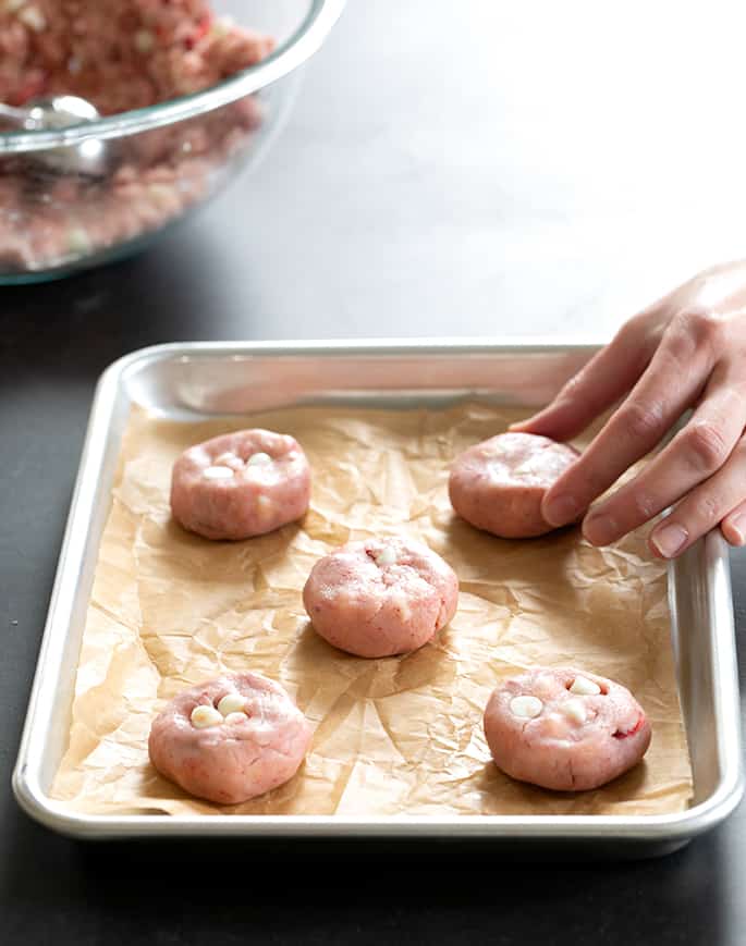 These natural strawberry gluten free chocolate chip cookies are made with white chocolate chips and freeze-dried strawberries—and no cake mix!