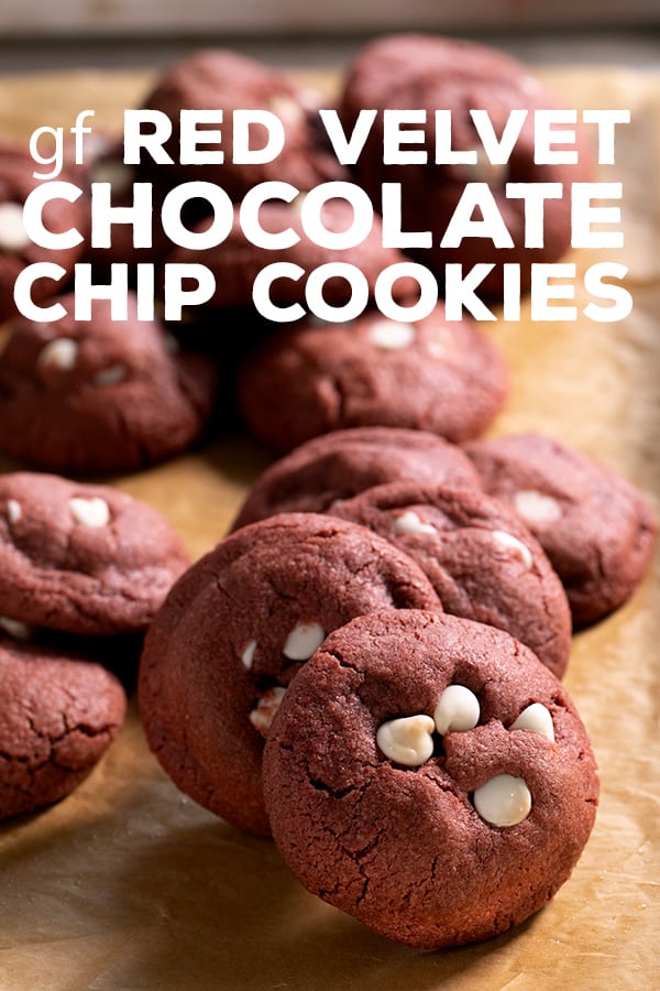 These thick, soft and chewy gluten free red velvet chocolate chip cookies have just the right red velvet taste in the perfect cookie form! #glutenfree #gf #redvelvet #Valentine #Christmas