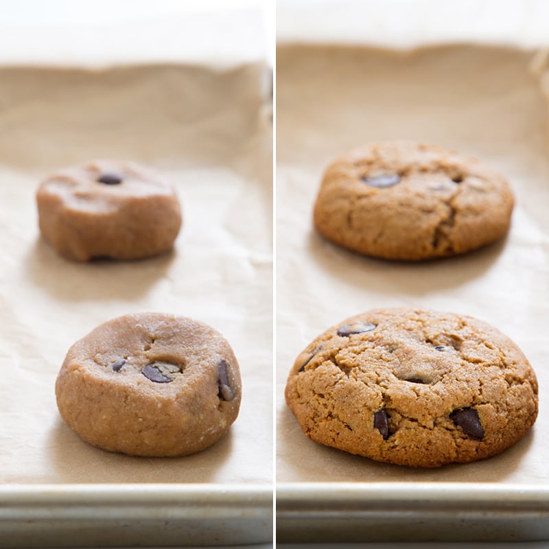 almond flour chocolate chip cookies made with coconut flour raw and baked on trays