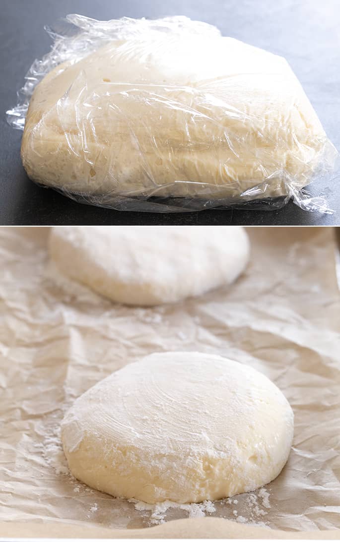 Pale yellow disk of dough wrapped in plastic wrap and smaller disks of the same dough as shaped on crinkled brown paper