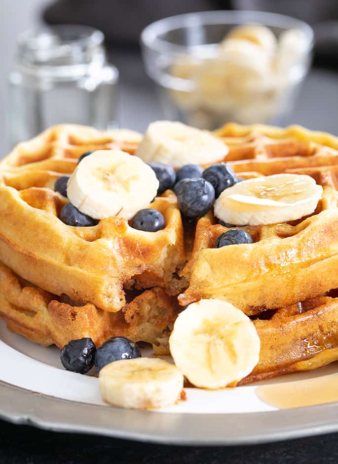 These extra crispy gluten free waffles are made with crispy rice in the batter for the perfect fully insides and edges so crisp they nearly shatter.