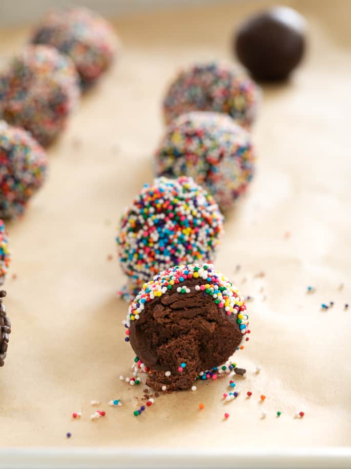 A close up of a fudge truffle broken in half