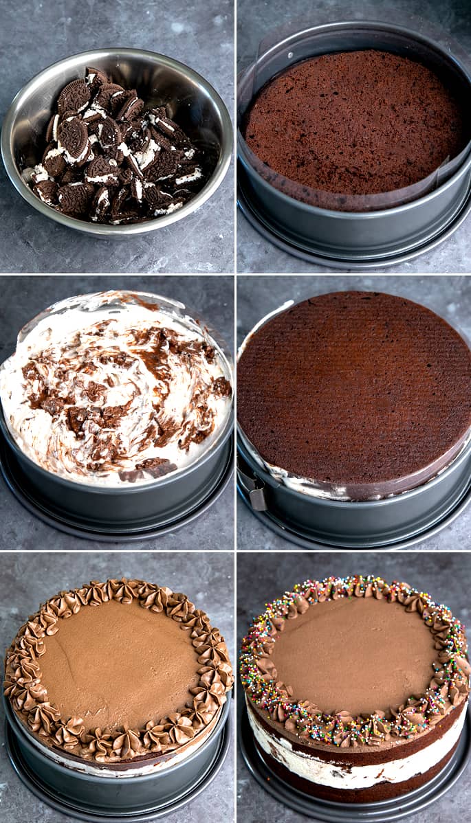 Photo collage of steps assembling chocolate cake with cookie crunch ice cream in the center and frosting on top