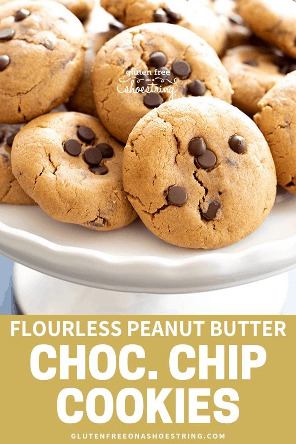 This recipe for flourless peanut butter chocolate chip cookies, with only 6 simple ingredients, makes perfectly soft and chewy cookies. You'll never believe they have no flour! #flourless #peanutbutter #cookies #glutenfreerecipes