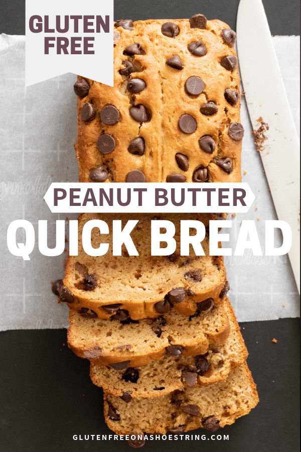 Low in sugar and with no added butter or oil, this gluten free peanut butter bread is still moist, tender, and full of peanut flavor. #peanutbutter #quickbread #glutenfreerecipes