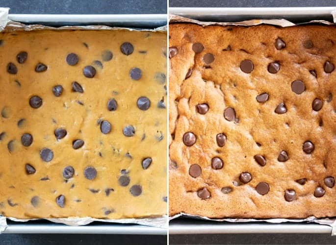 Overhead image of raw and baked gluten free pumpkin chocolate chip squares