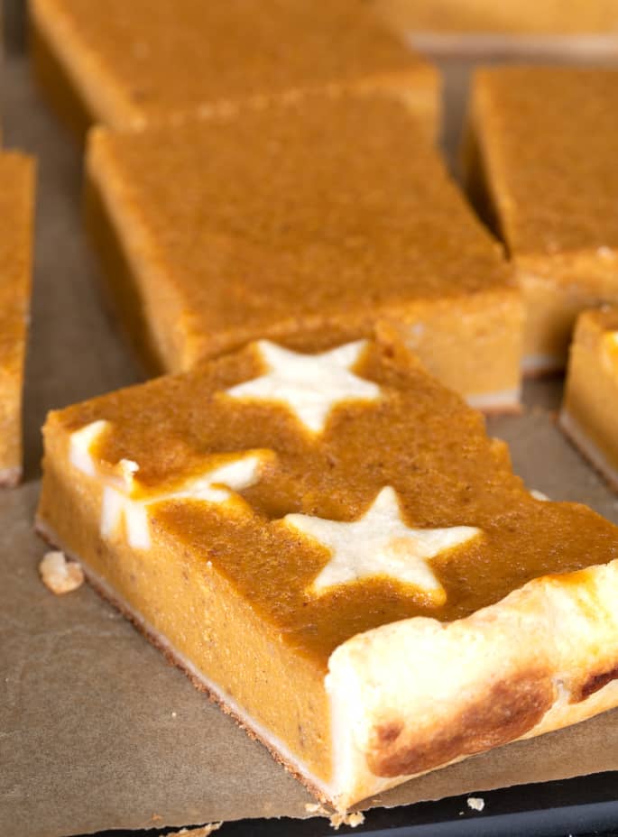 Closeup of a single slice of gluten free pumpkin slab pie