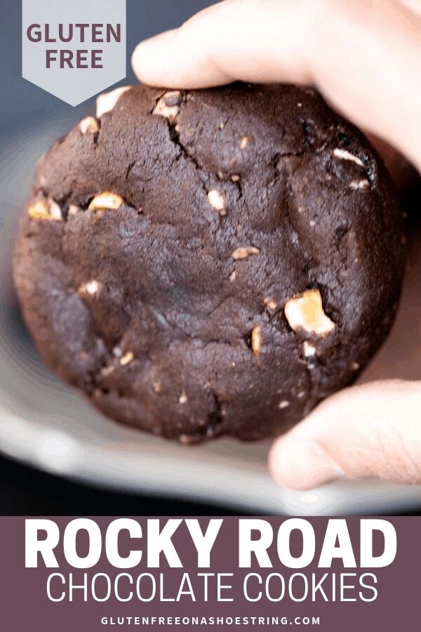 These super thick gluten free rocky road chocolate cookies are rich double chocolate chip cookies packed with nuts and marshmallows. #glutenfreerecipes #rockyroad #chocolate #cookies